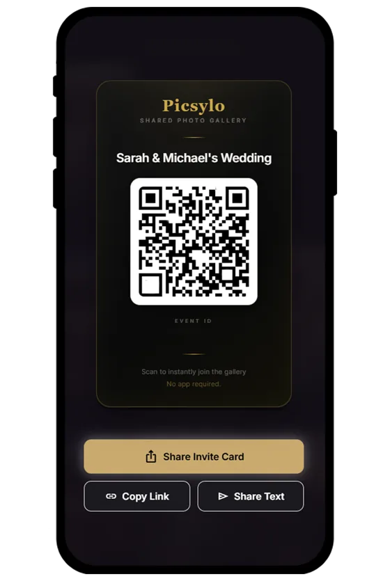 Cartão do Picsylo com um QR code que abre um álbum de fotos compartilhado de casamento